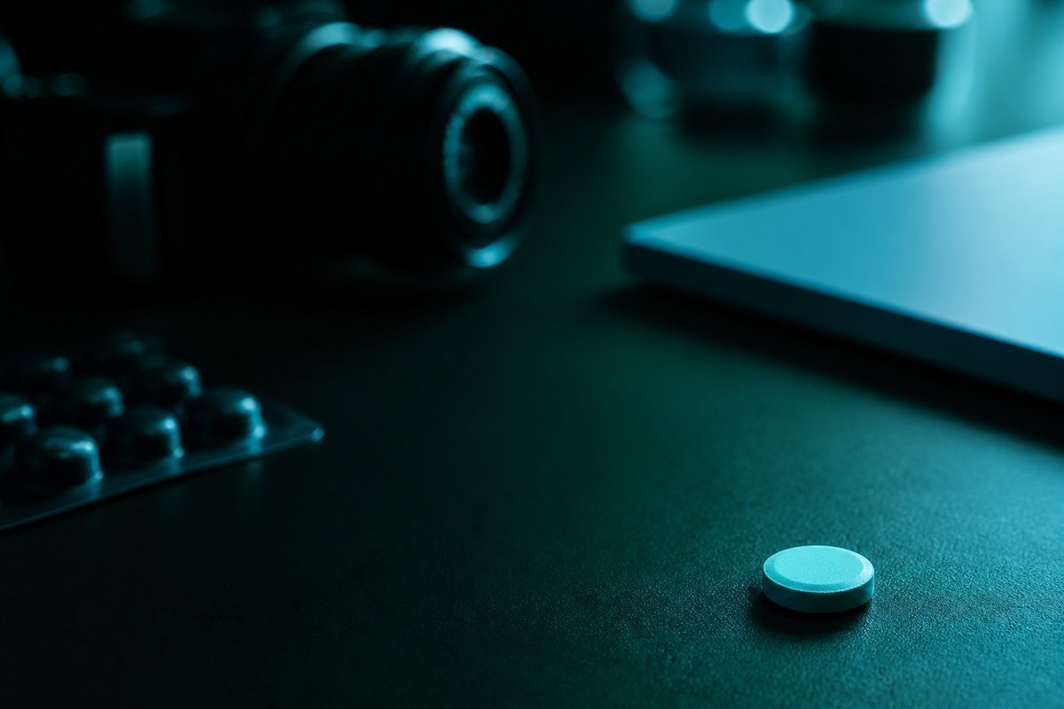 Forest-green still life: blurred lens and a blue tablet pushed away