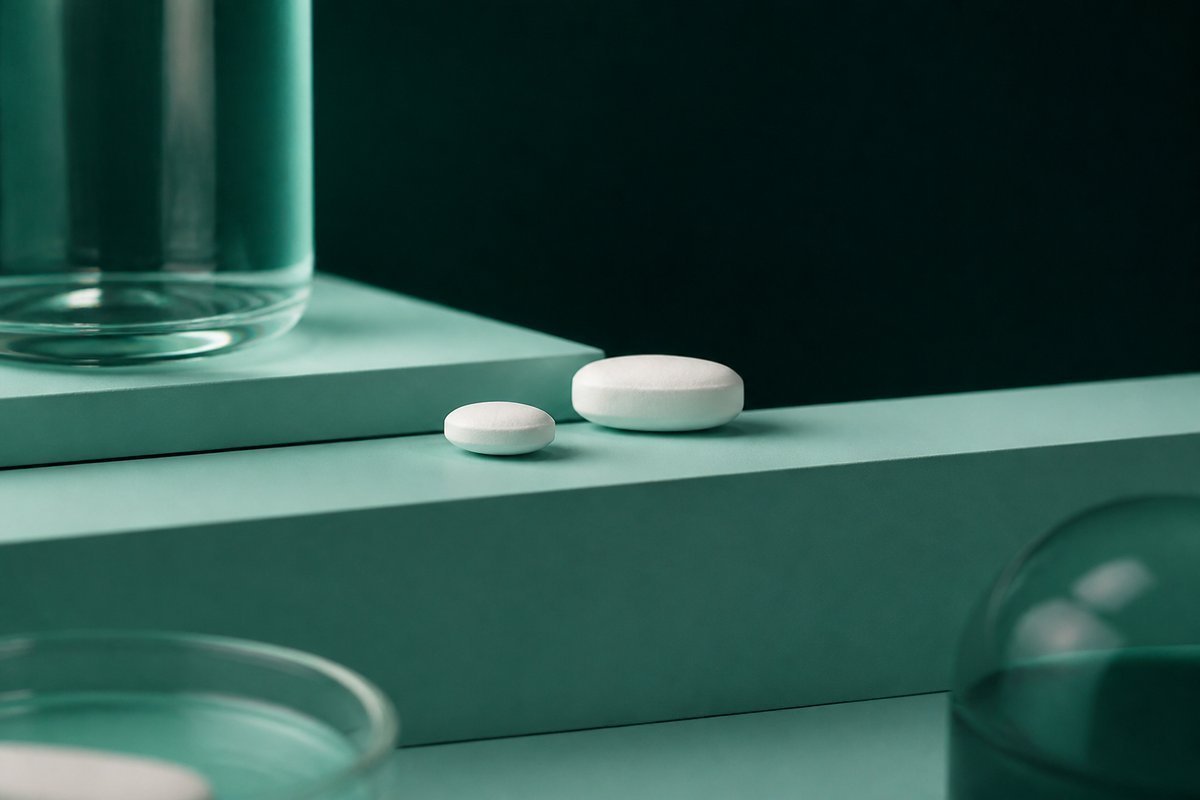 Forest-green still life: two tablets, smaller and larger, on stepped mint shelves
