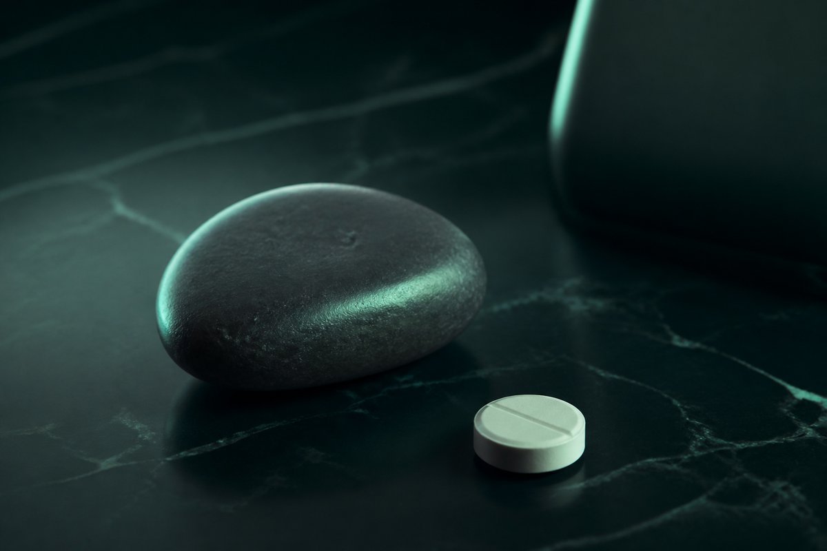 Forest-green still life: smooth kidney-shaped stone and a pale tablet
