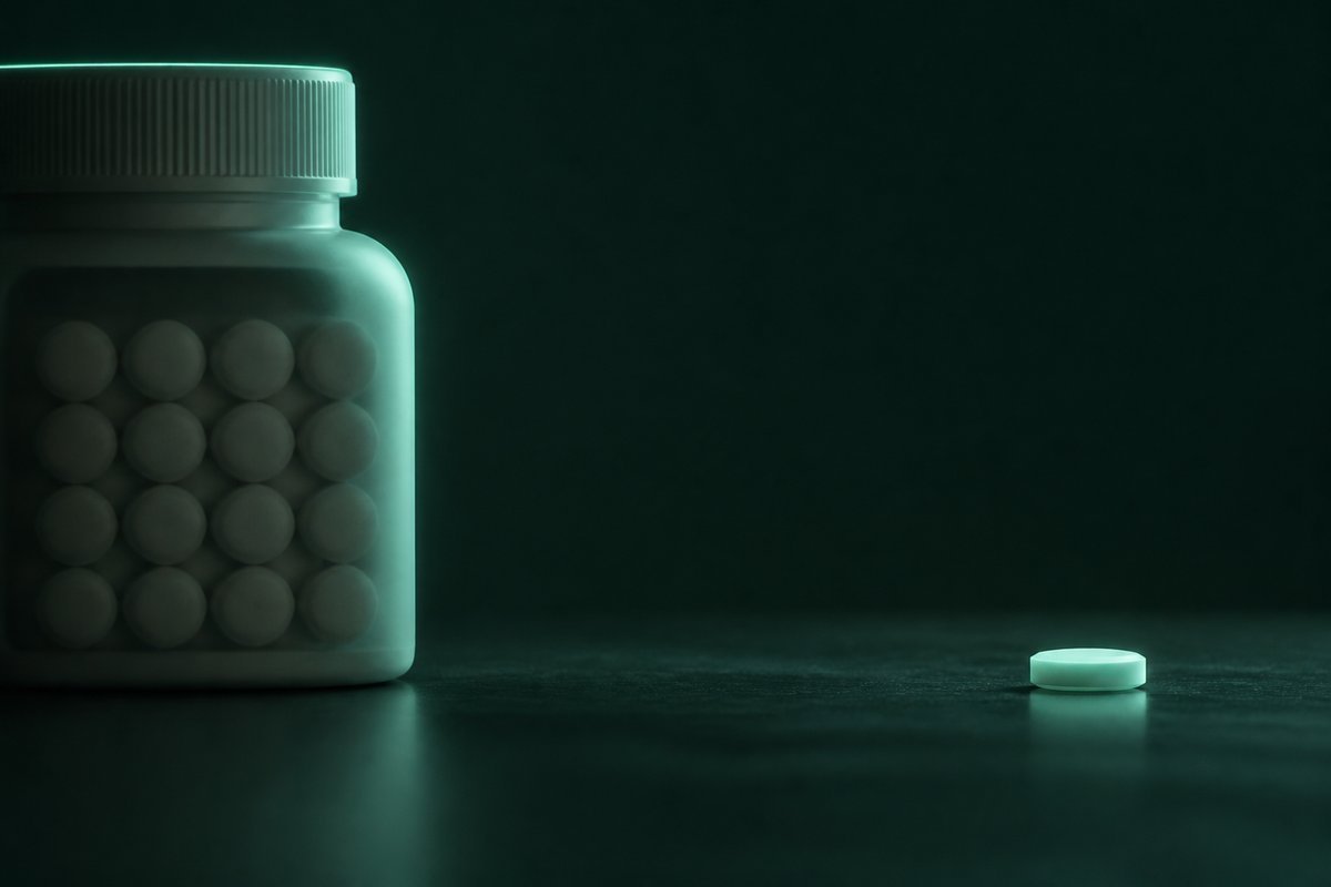 Forest-green still life: calendar bottle versus a single weekend tablet