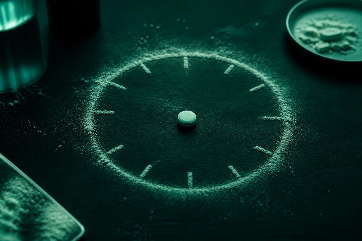 Forest-green still life: one tablet in a 24-hour ring drawn in mint dust