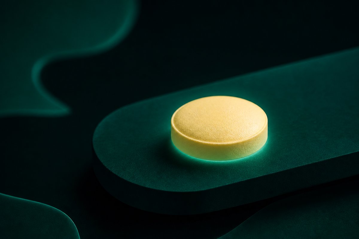 One 10 mg tadalafil almond on a dark teal vault card, 20 mg blister pushed aside