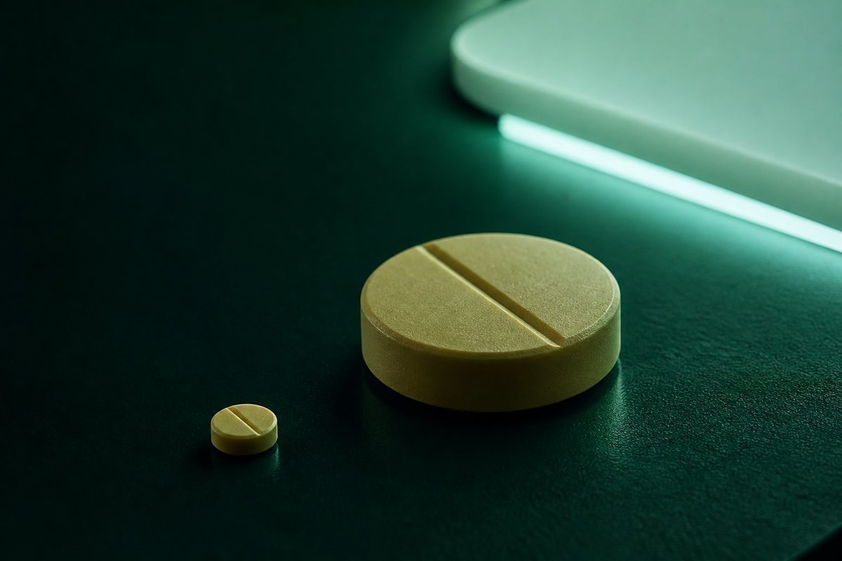 Forest-green still life: large amber tablet in front, tiny one in reserve