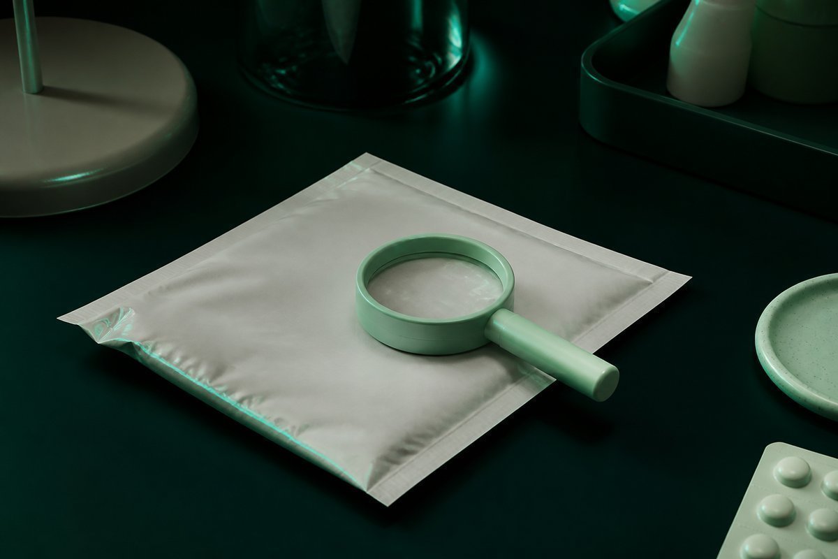 Forest-green still life: unopened mailer under a mint loupe