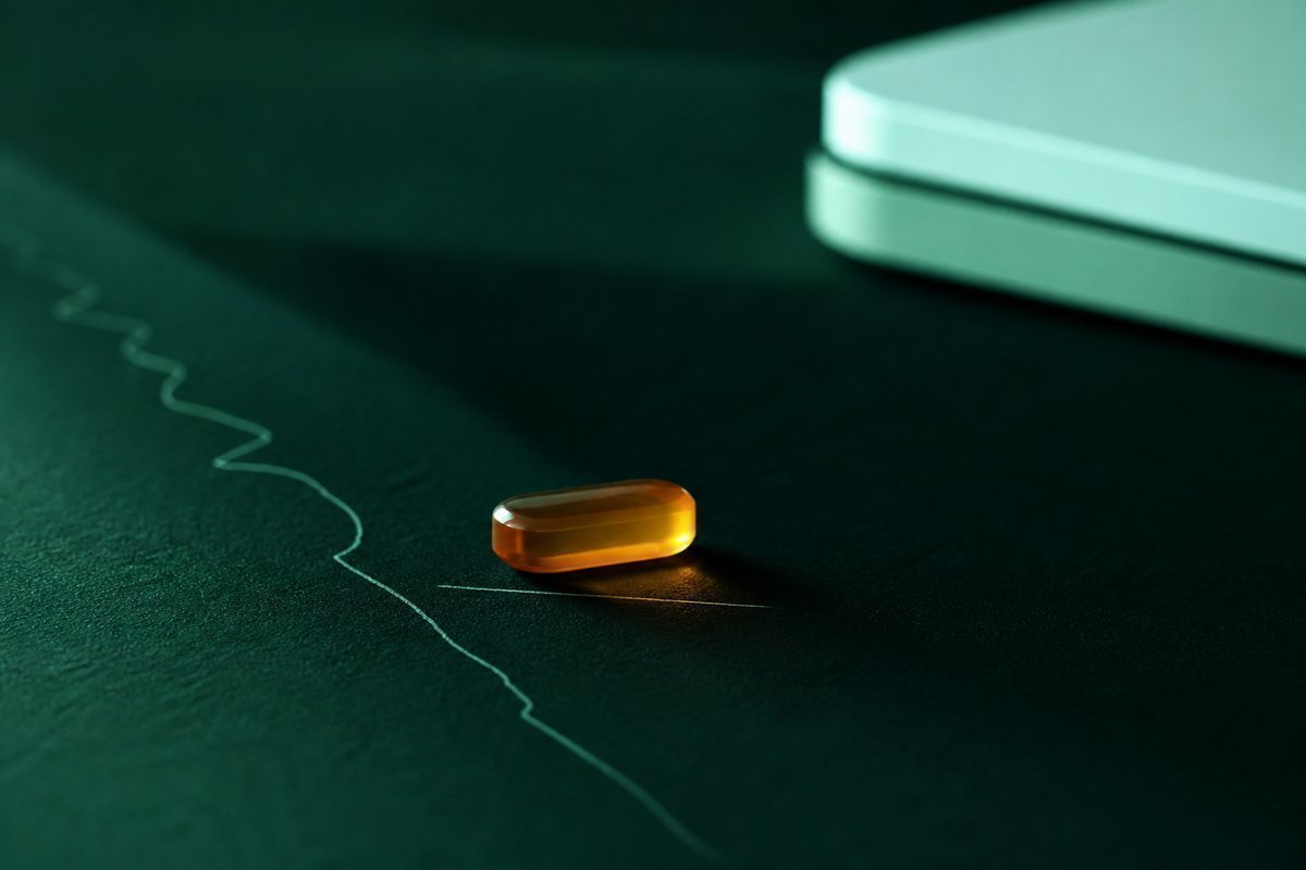 Forest-green still life: orange-amber tablet on a written line of forest paper