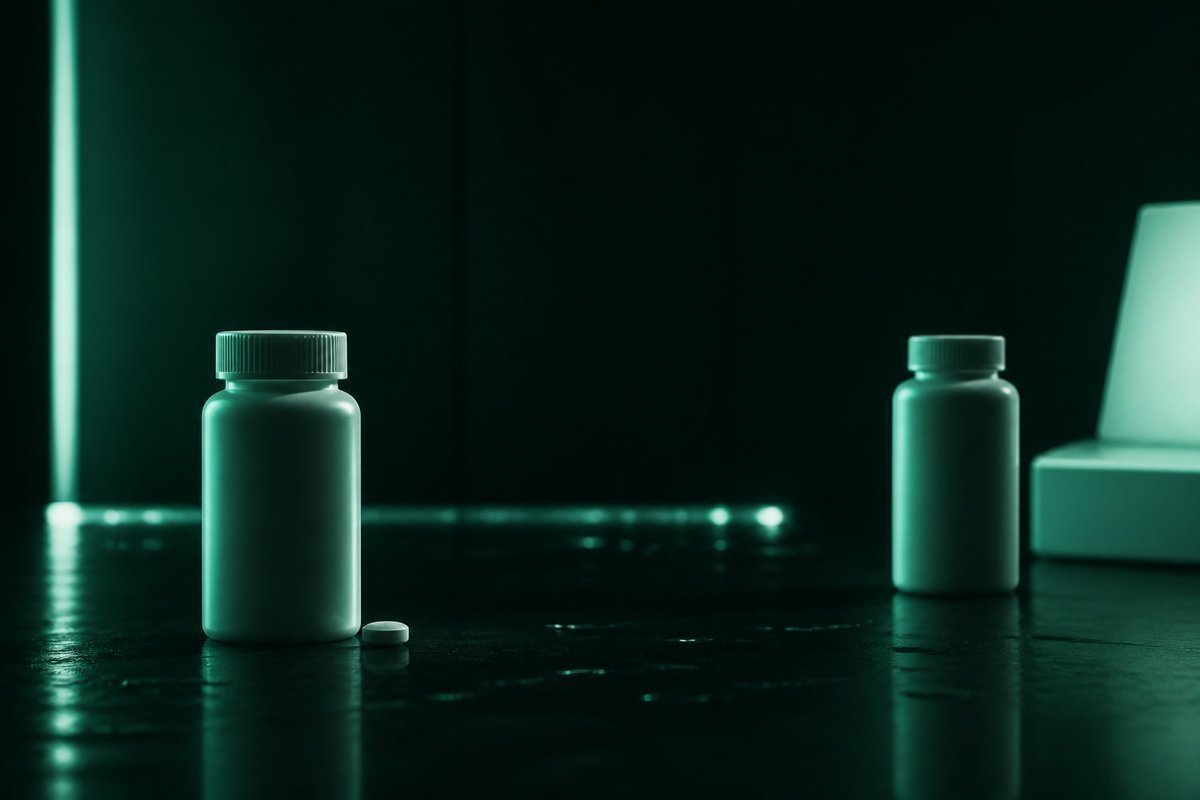 Forest-green still life: two bottles with a gap of hours between them
