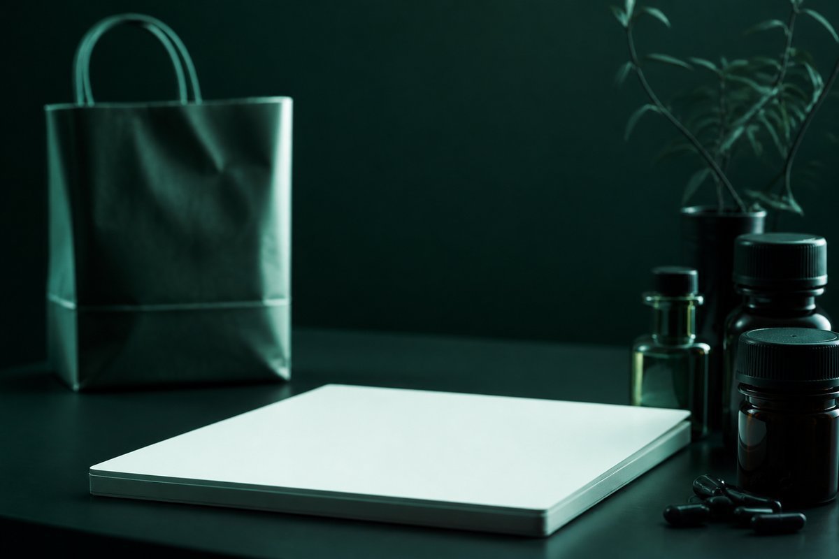 Forest-green still life: foreign pharmacy bag silhouette, US pad empty