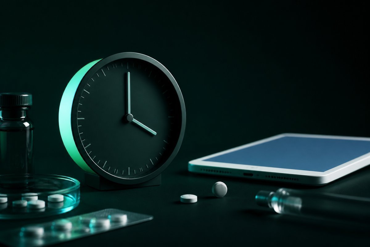 Forest-green still life: four-hour mark on a dark clock, blue tablet beside it