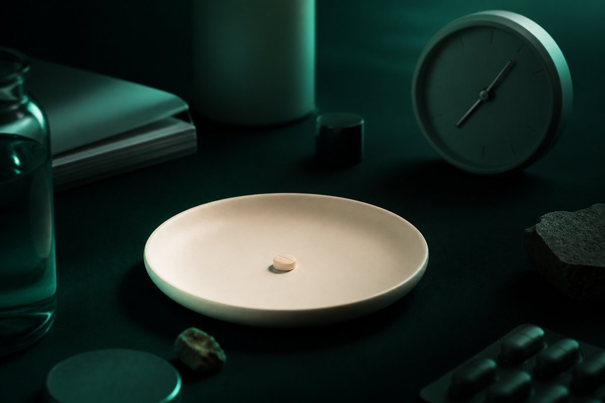 Forest-green still life: heavy cream dish and a delayed clock hand, tablet waiting