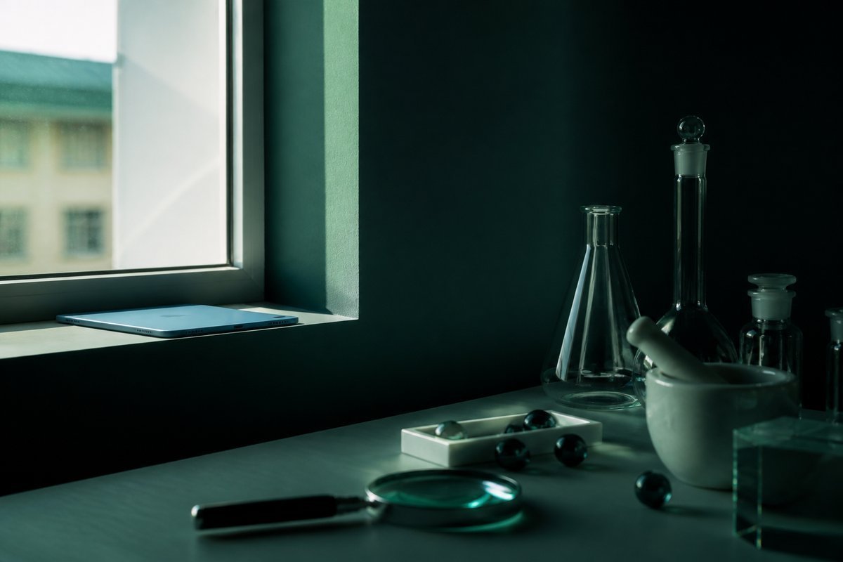 Forest-green still life: window of daylight and a blue tablet on the sill