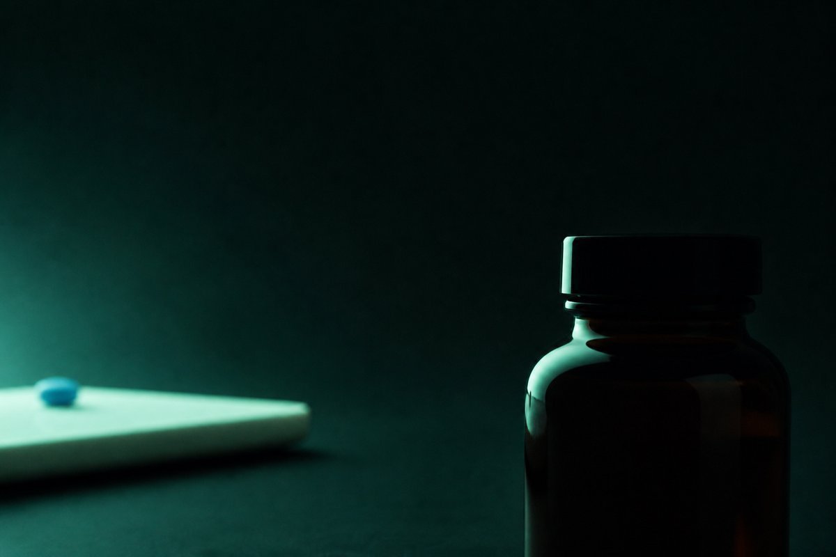Forest-green still life: nitrate bottle in shadow, blue tablet on the far edge