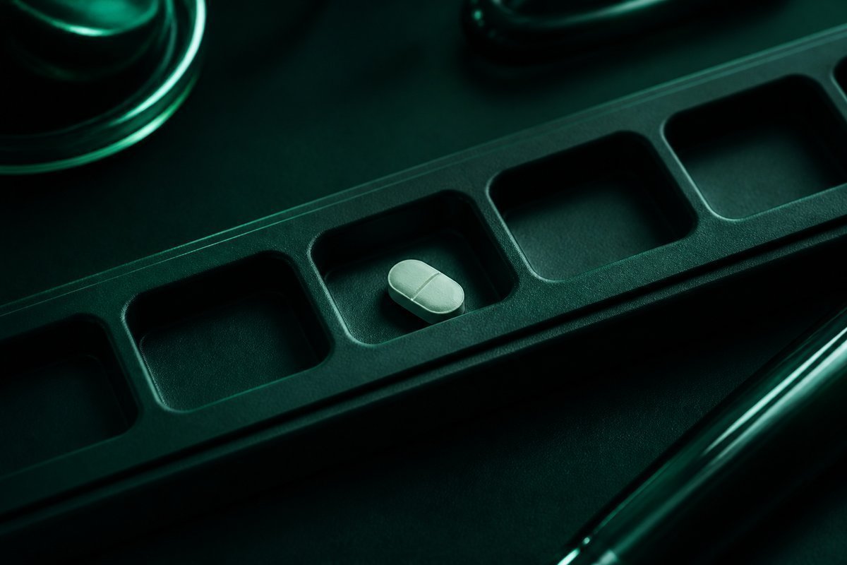 Forest-green still life: single slot in a daily tray, other slots empty