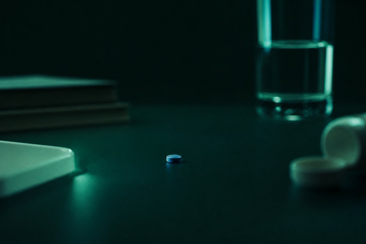 Forest-green still life: 48-hour gap drawn as two nights, tiny blue tablet