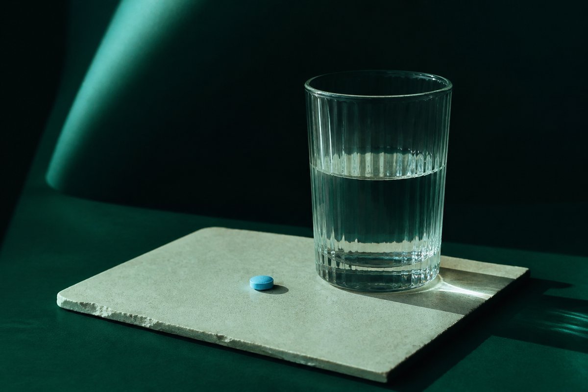 Forest-green still life: standing glass of water, no alcohol, blue tablet dry